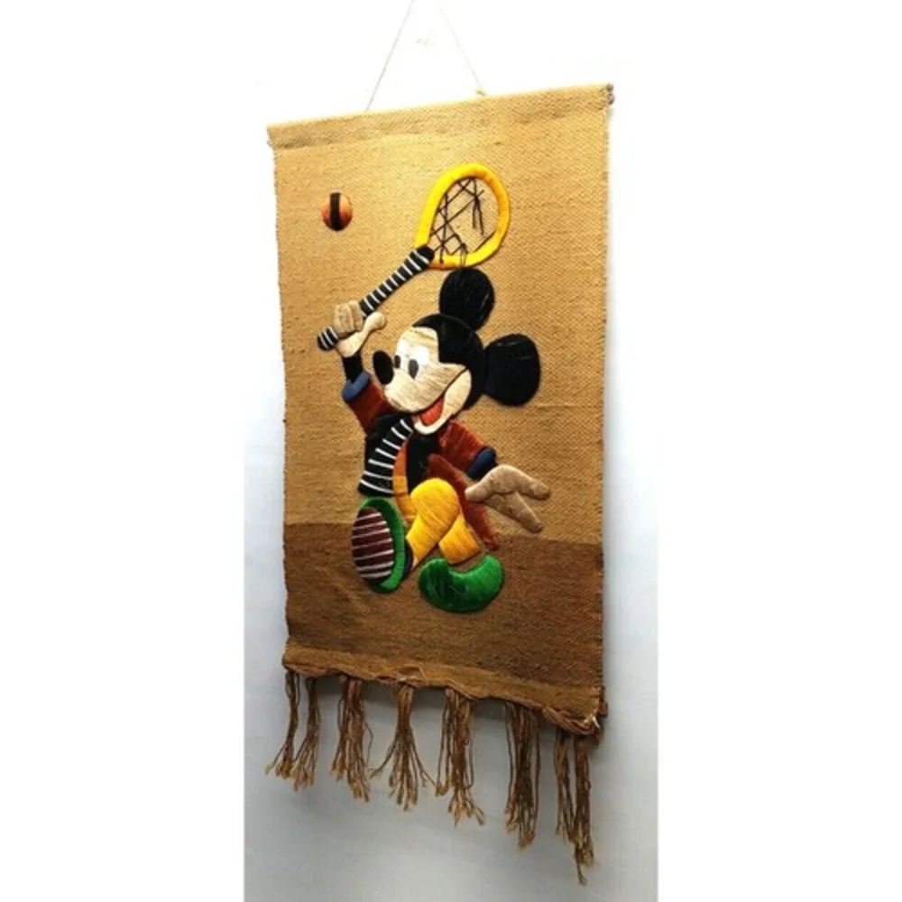 MICKEY MOUSE Woven Burlap Vintage‎ Wall Hanging Tapestry Embroidery Plays Tennis